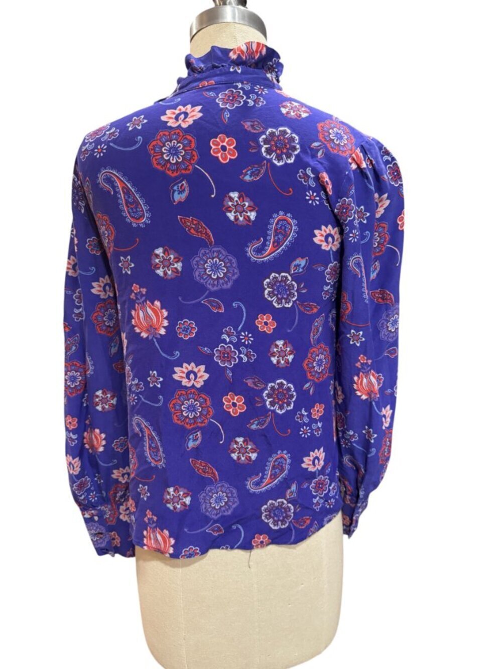 Claudie Pierlot Silk Floral Blouse Ruffle Neck Size 38 Blue Red Paisley - Picture 7 of 9